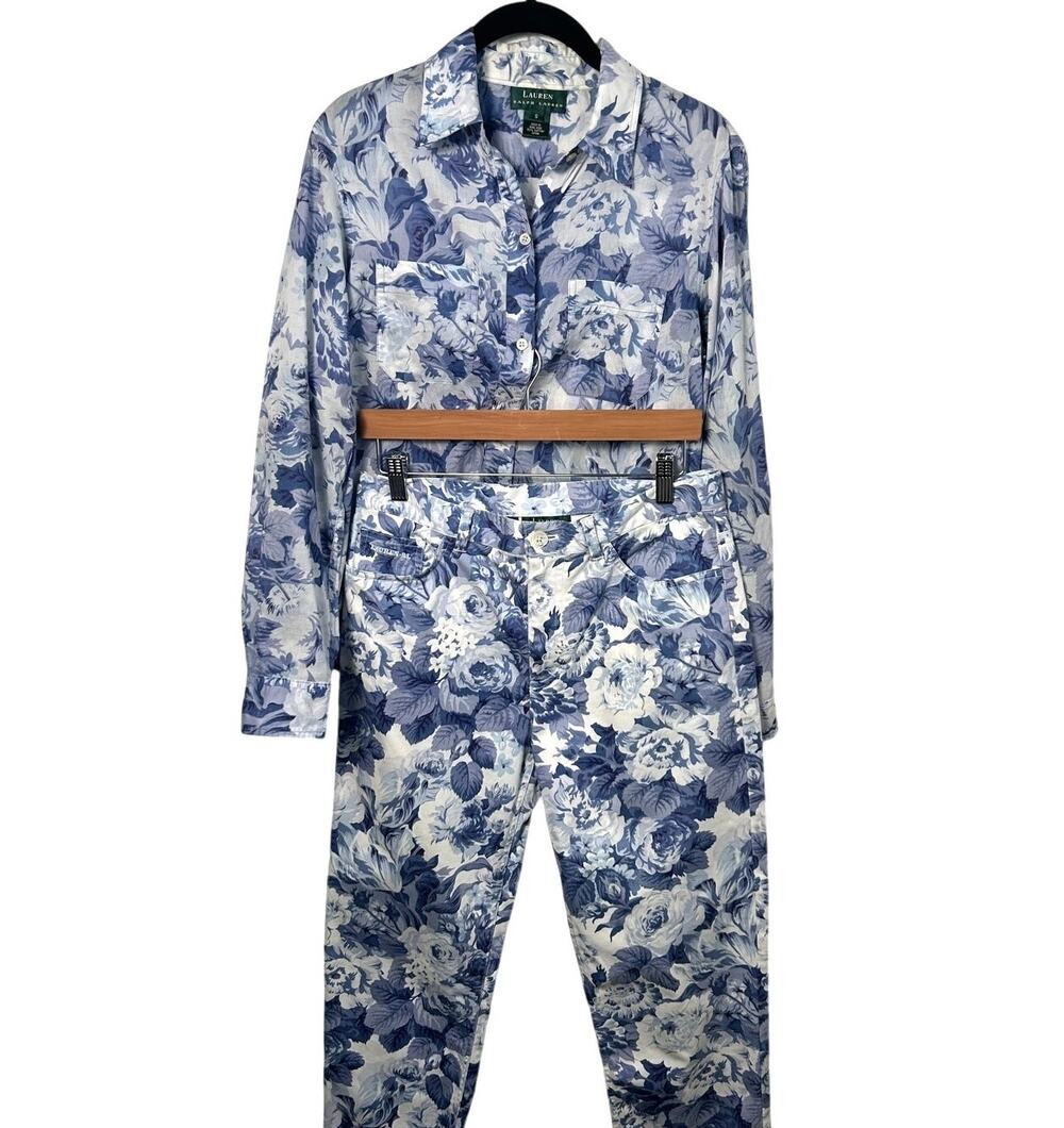 Vintage Lauren Ralph Lauren Size M Blue Floral Toile Shirt Pants Set Cotton AOP